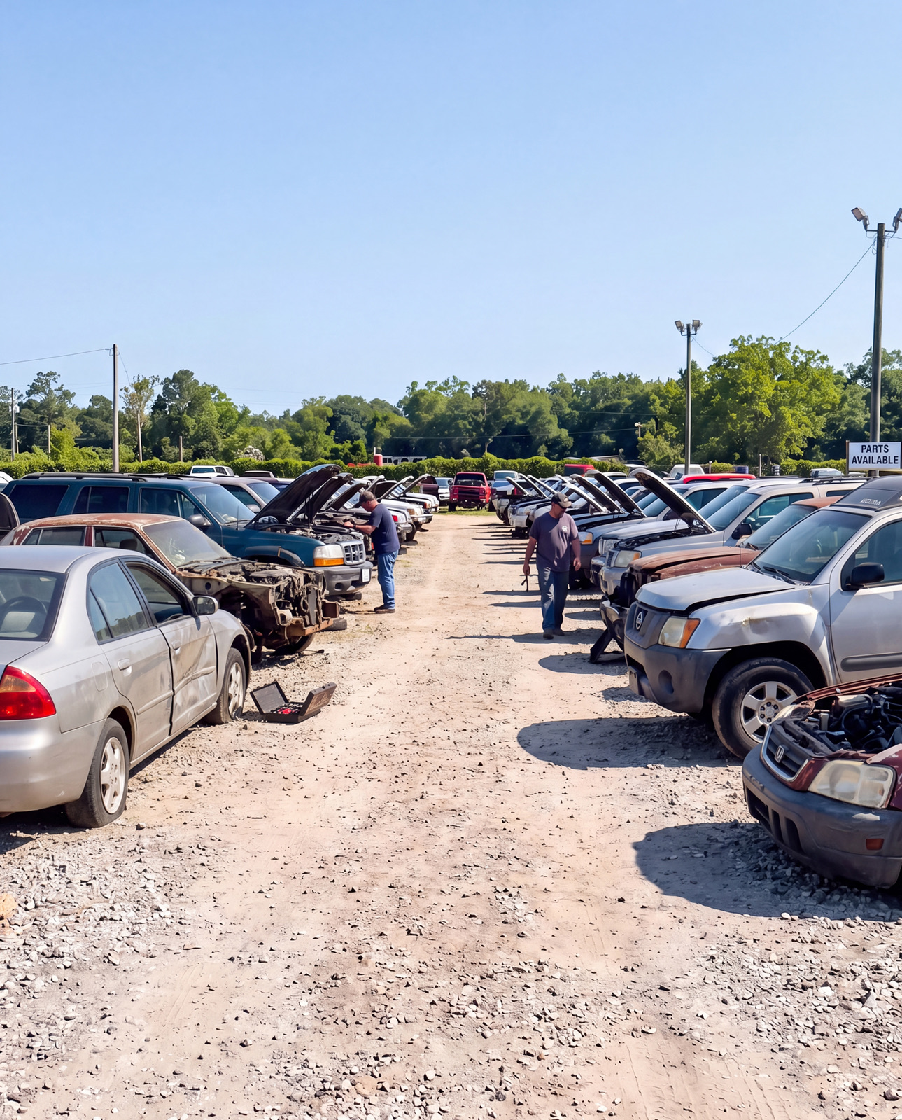 Rows of vehicles arranged for customer access in a self-service auto-recycling yard in Pensacola, Florida
